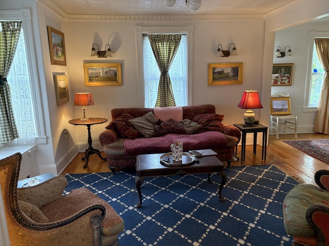 24 Glidden St, Waldoboro, ME 04572 - living area with hardwood / wood-style flooring, crown molding, and baseboards