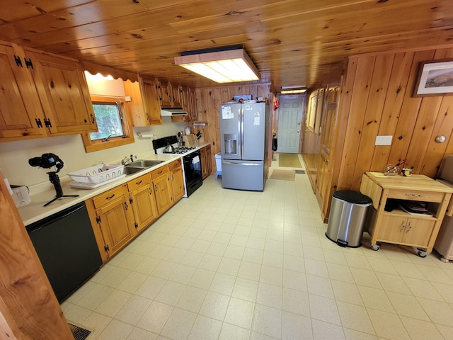 kitchen with wood ceiling, gas range, stainless steel fridge, and dishwasher