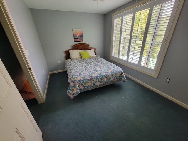 bedroom with dark carpet