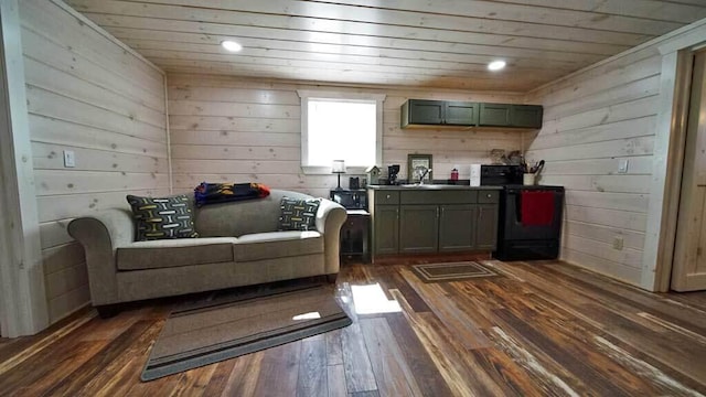 sitting room with wooden ceiling, dark wood-type flooring, sink, and wooden walls