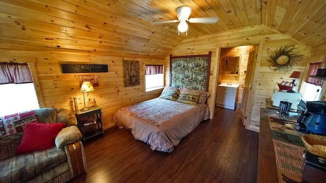 bedroom with dark hardwood / wood-style flooring, wood ceiling, and vaulted ceiling