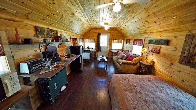 interior space featuring dark hardwood / wood-style floors, wooden ceiling, wooden walls, and lofted ceiling