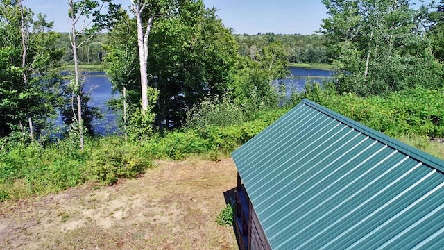 exterior space with a water view