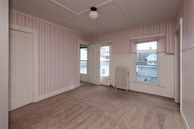 carpeted spare room featuring radiator