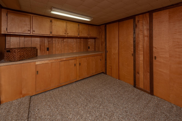 basement with wooden walls and light colored carpet