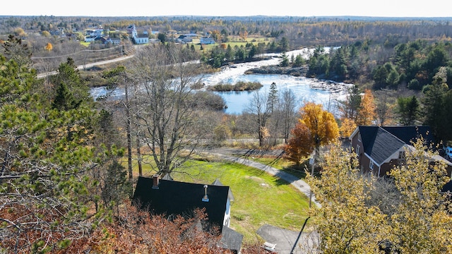 bird's eye view with a water view