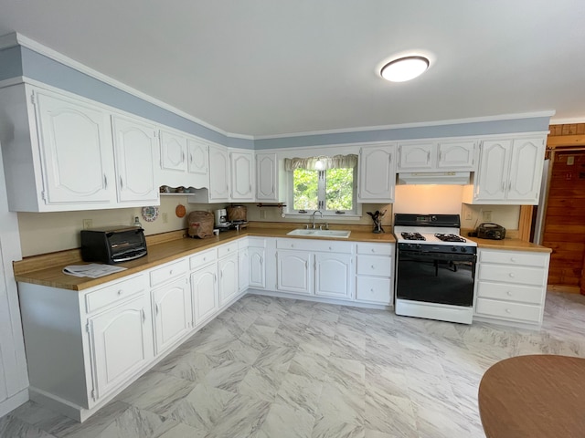 kitchen featuring light tile floors, white cabinets, white range with gas cooktop, and sink