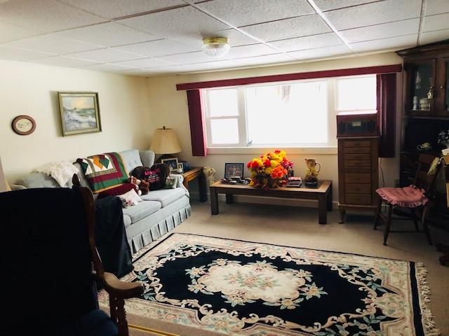 living room with a paneled ceiling and light carpet