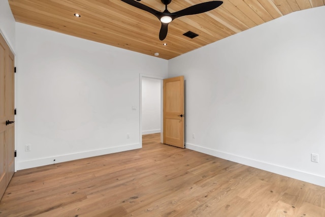 empty room with wooden ceiling, ceiling fan, and light wood-type flooring