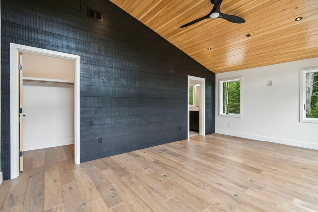 interior space featuring light hardwood / wood-style flooring, ceiling fan, wooden walls, vaulted ceiling, and wooden ceiling