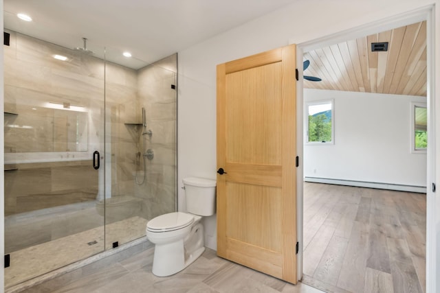 bathroom with lofted ceiling, a baseboard heating unit, an enclosed shower, wood ceiling, and toilet