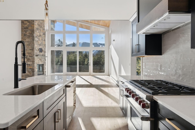 kitchen with sink, stainless steel appliances, light hardwood / wood-style floors, decorative backsplash, and wall chimney exhaust hood