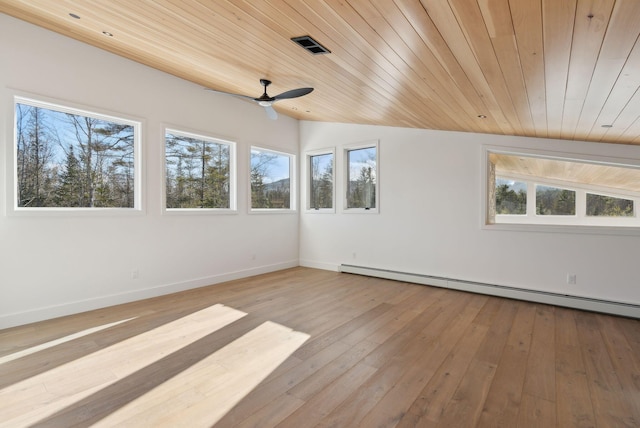 spare room with a baseboard radiator, wooden ceiling, plenty of natural light, and light wood-type flooring