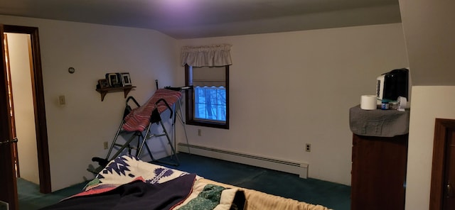 carpeted bedroom featuring a baseboard heating unit