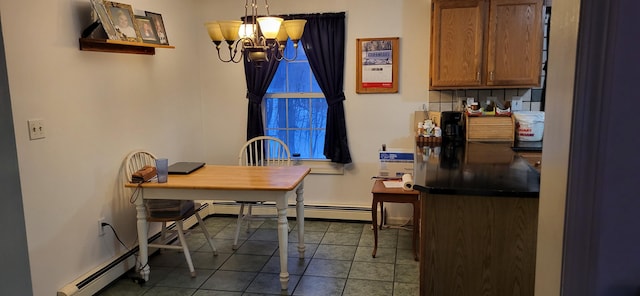 tiled dining space featuring a chandelier and a baseboard radiator