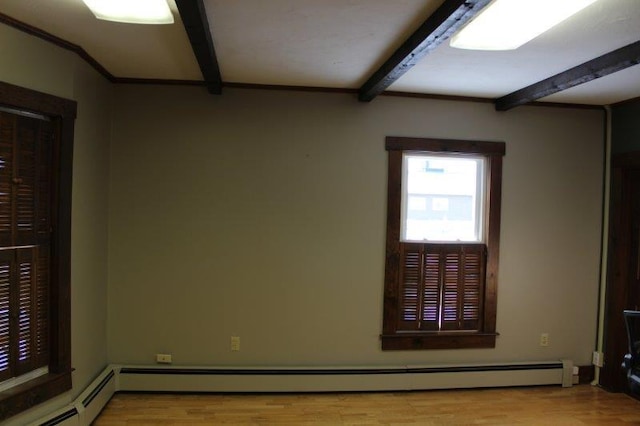 spare room with light hardwood / wood-style flooring, baseboard heating, and beam ceiling