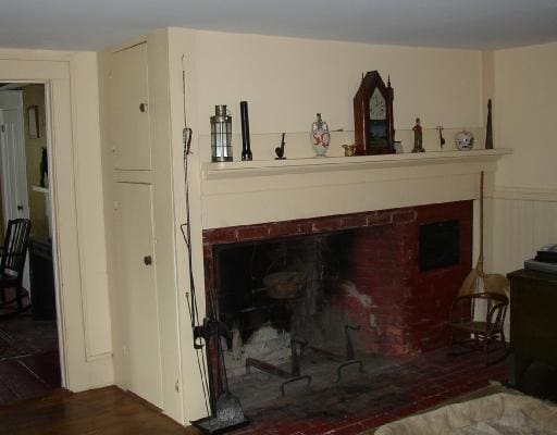 room details featuring wood finished floors, a fireplace, and a wainscoted wall