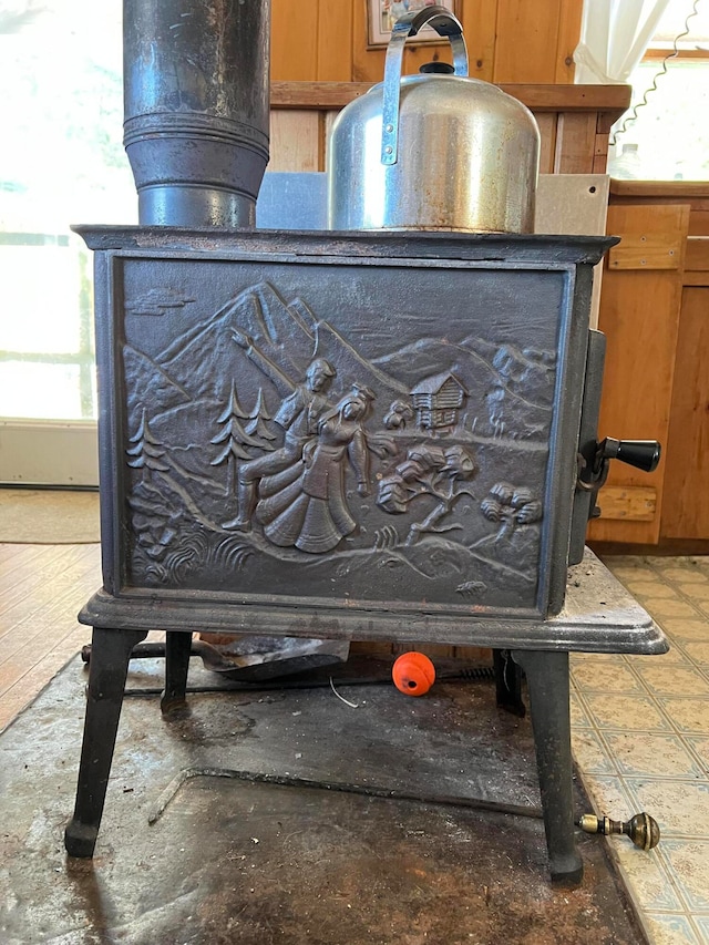 interior details with a wood stove