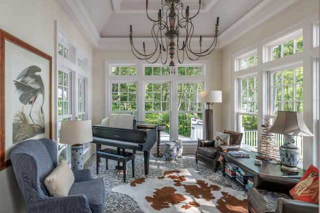 29 Summerhaven Ln, Boothbay, ME 04544 - sunroom / solarium featuring a chandelier, a tray ceiling, french doors, and ornamental molding