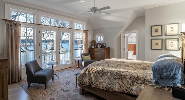 29 Summerhaven Ln, Boothbay, ME 04544 - bedroom featuring access to exterior, light wood-style floors, connected bathroom, and ceiling fan