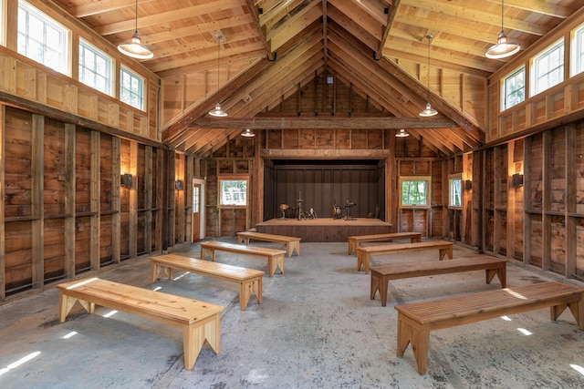 29 Summerhaven Ln, Boothbay, ME 04544 - miscellaneous room with high vaulted ceiling and a wooden ceiling with exposed beams