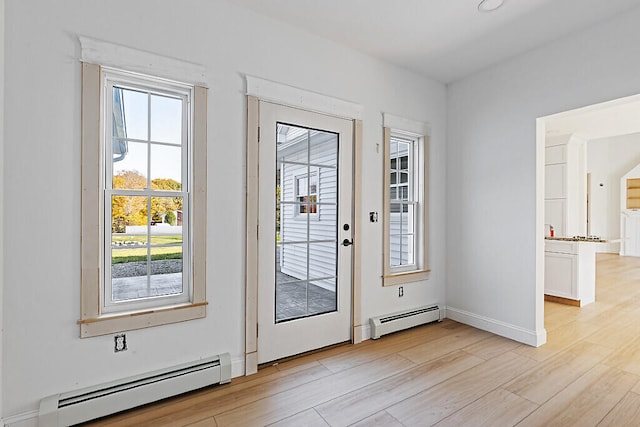 doorway with light hardwood / wood-style flooring and a baseboard radiator