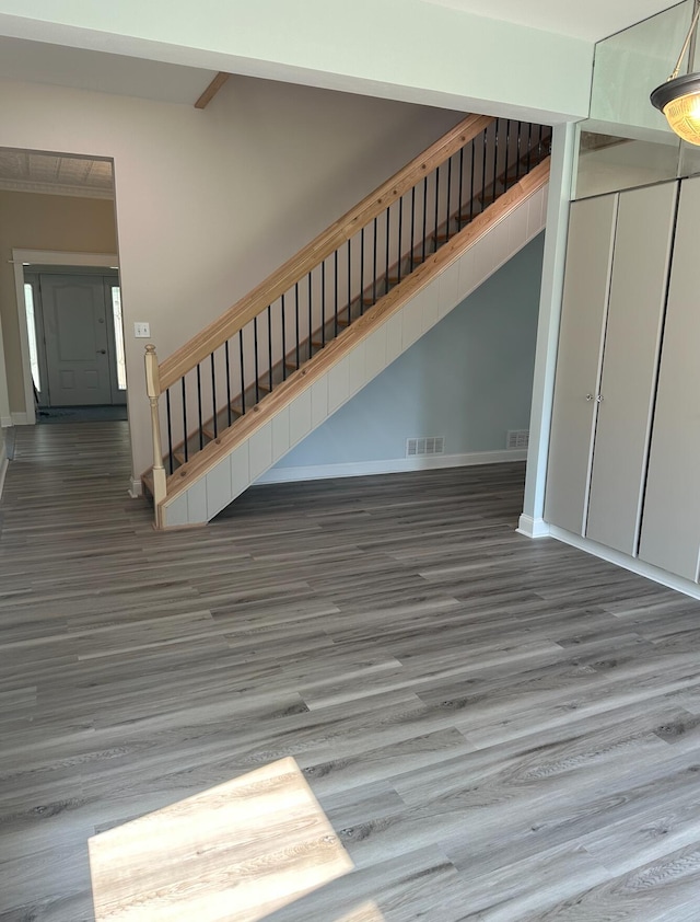 interior space with dark wood-type flooring