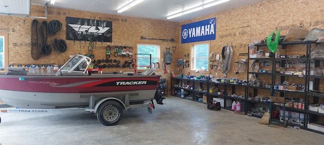 garage with a workshop area