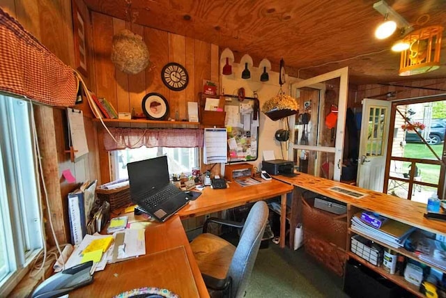 office featuring plenty of natural light and wooden walls