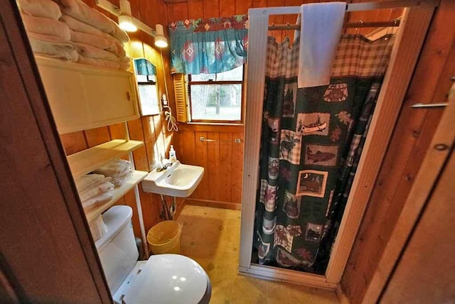 bathroom featuring toilet, wood walls, and sink