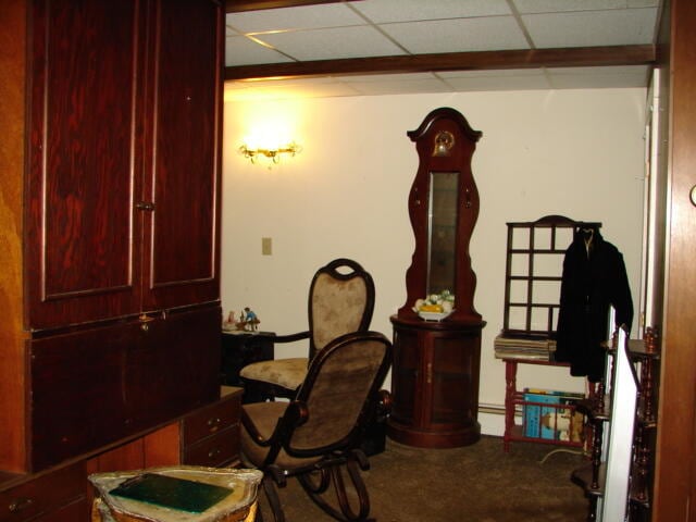 carpeted home office with a drop ceiling