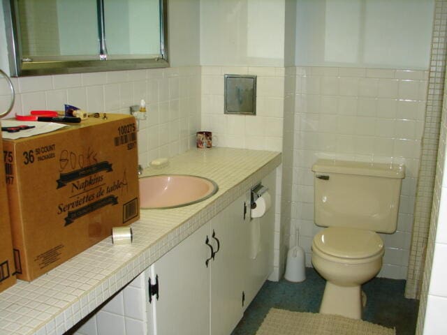 bathroom with tile walls, tasteful backsplash, toilet, and vanity