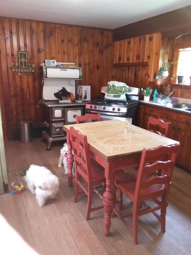 dining area featuring wooden walls, wood-type flooring, and sink