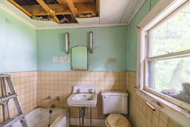 bathroom featuring tile walls, toilet, and sink