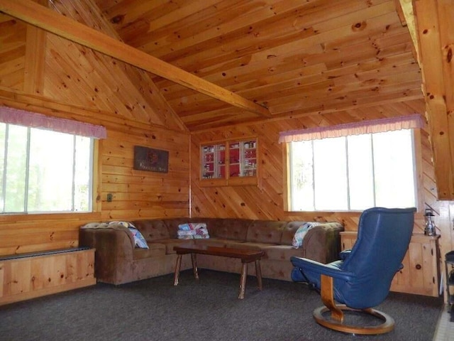 living room with wooden walls, wooden ceiling, vaulted ceiling, and dark colored carpet