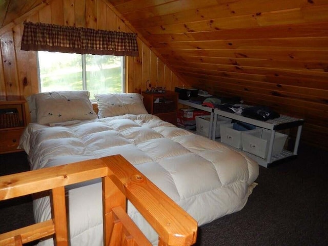 bedroom with wooden ceiling, wooden walls, and lofted ceiling