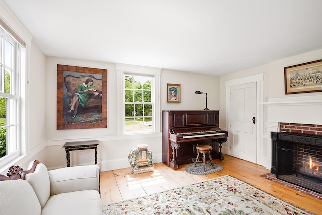 living room with a healthy amount of sunlight, a fireplace, and light hardwood / wood-style flooring