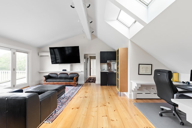 living room featuring beamed ceiling, light hardwood / wood-style floors, a skylight, a wall mounted AC, and a baseboard heating unit