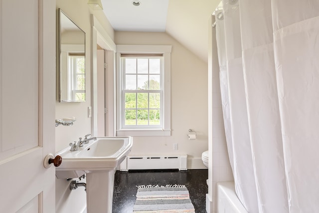 bathroom with shower / tub combo with curtain, baseboard heating, toilet, and vaulted ceiling