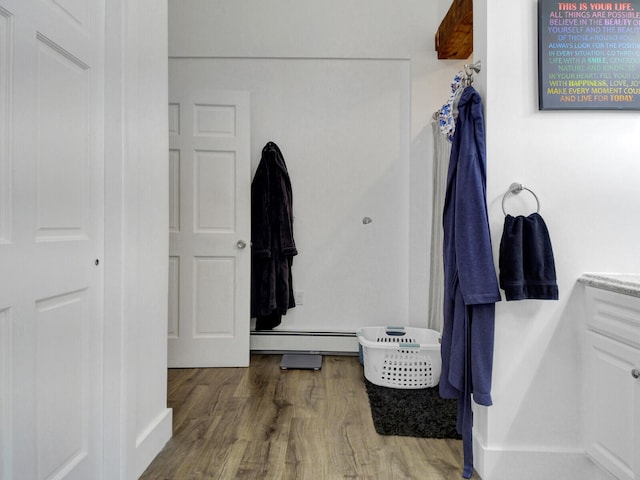 bathroom featuring baseboard heating, vanity, and hardwood / wood-style flooring