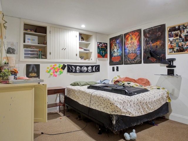 bedroom with light colored carpet