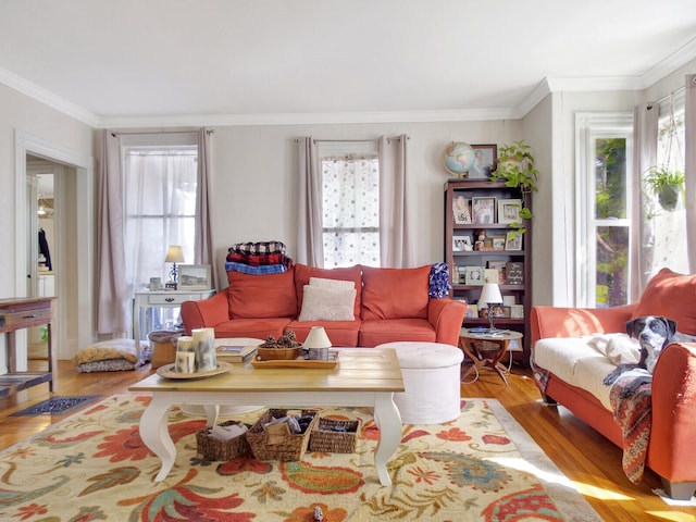 living room with light wood-type flooring and ornamental molding