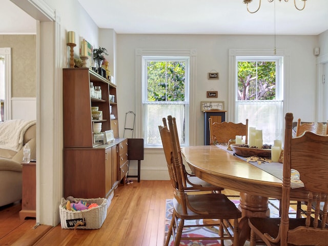 dining area with light wood-type flooring and a wealth of natural light