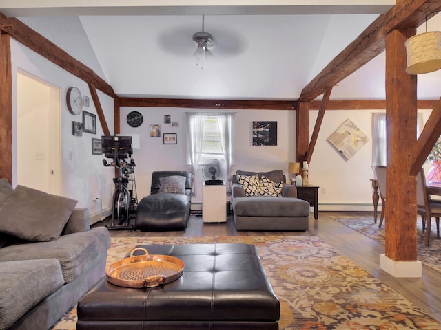 living room with ceiling fan, a baseboard heating unit, vaulted ceiling, and wood-type flooring