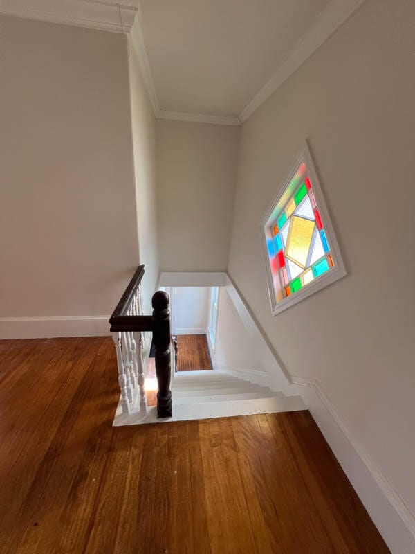 stairs with crown molding and wood-type flooring