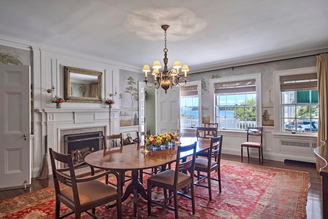 dining area with dark hardwood / wood-style floors, ornamental molding, a notable chandelier, and radiator