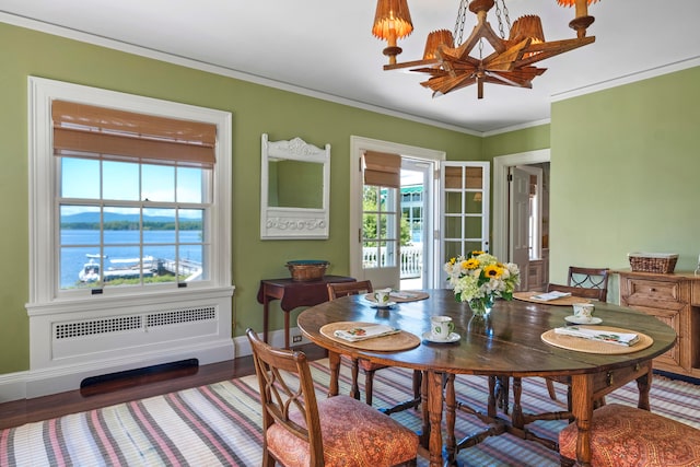 dining area with dark hardwood / wood-style flooring, a healthy amount of sunlight, radiator, a water view, and a notable chandelier