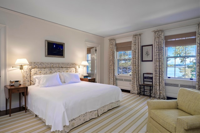 bedroom with ornamental molding and radiator heating unit