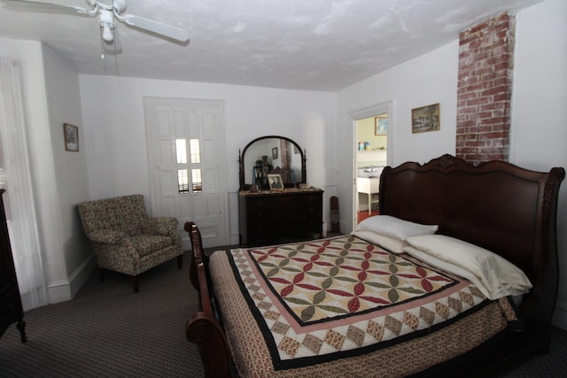 carpeted bedroom with brick wall and ceiling fan