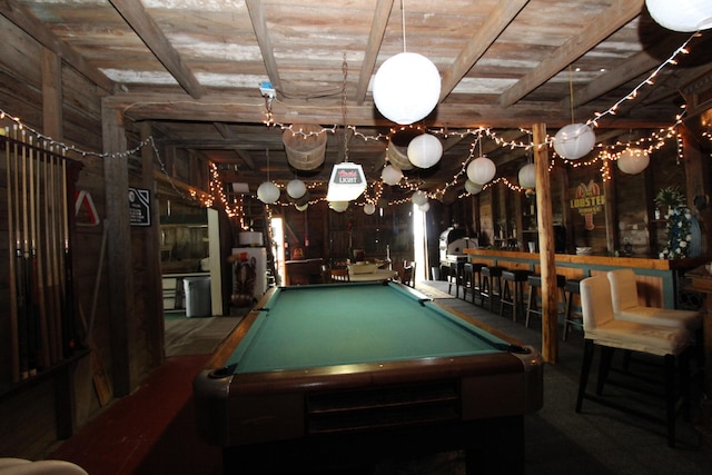 recreation room featuring pool table and wooden ceiling